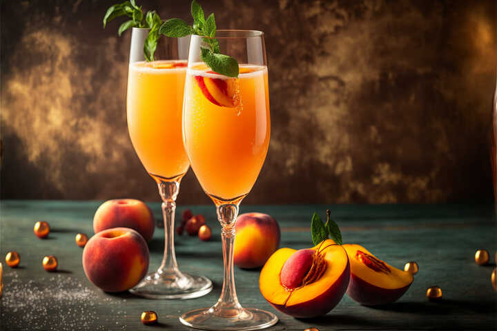 Two bellini glasses, fruity mocktail garnished with peach slices